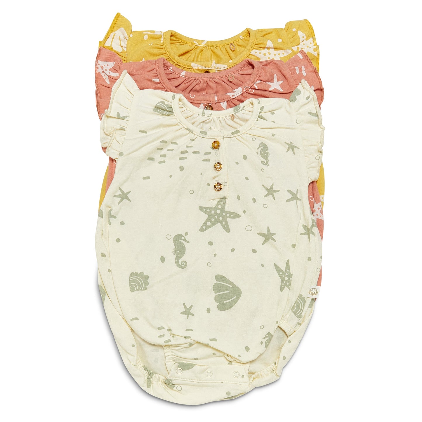 RETIRED - Organic Flutter Sleeve Button Bunsuit - Sunny Yellow Seashells