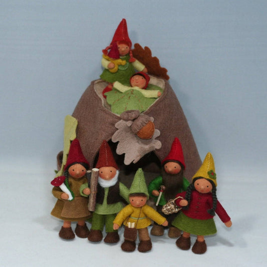 Sale Forest Gnome Family (3.5) with Oak Tree Stump House | Medium Skin Tone | Set of 7 Dolls