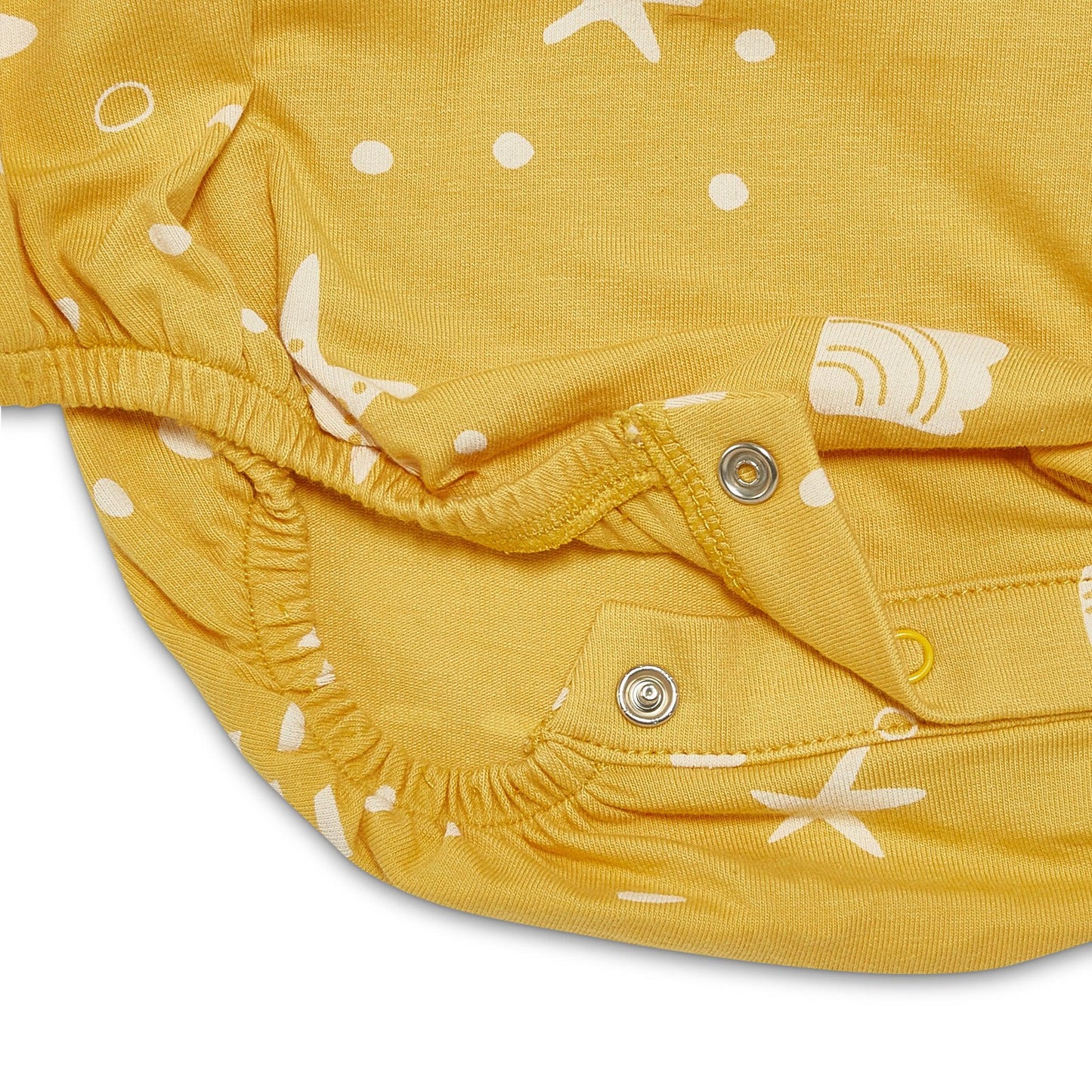RETIRED - Organic Flutter Sleeve Button Bunsuit - Sunny Yellow Seashells