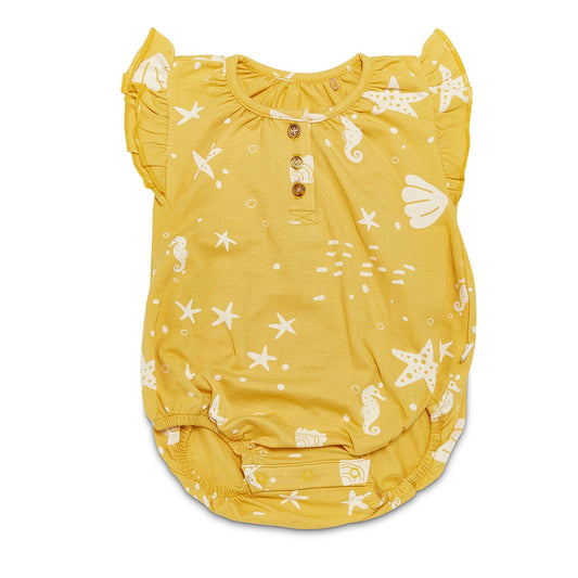 RETIRED - Organic Flutter Sleeve Button Bunsuit - Sunny Yellow Seashells
