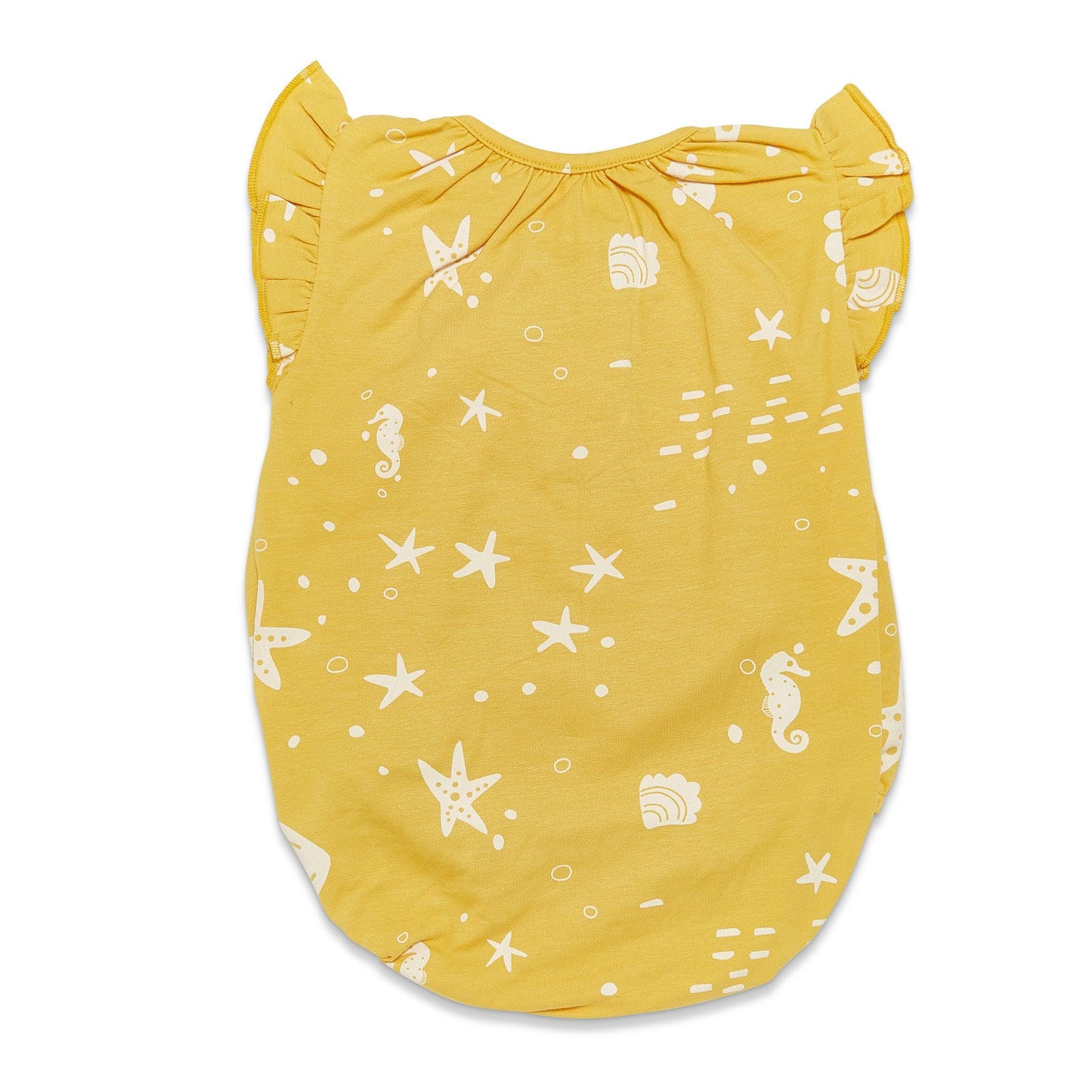 RETIRED - Organic Flutter Sleeve Button Bunsuit - Sunny Yellow Seashells