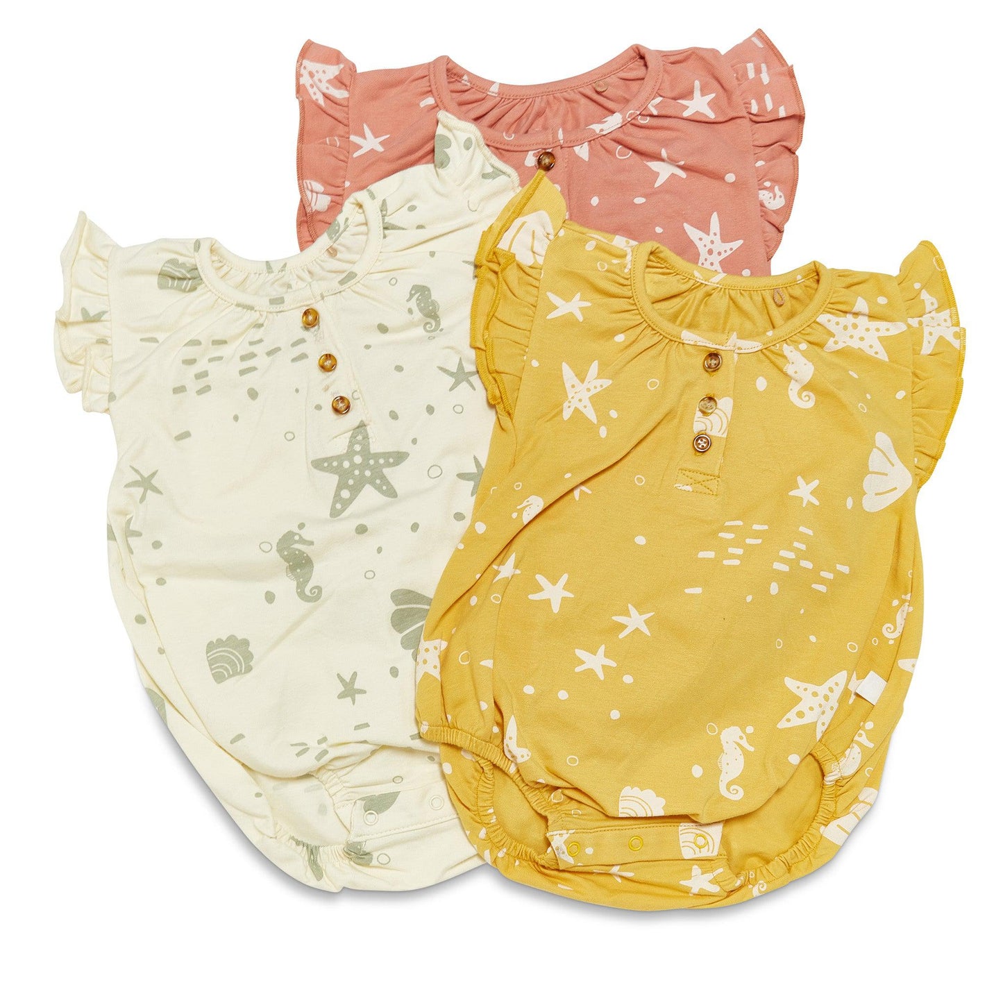 RETIRED - Organic Flutter Sleeve Button Bunsuit - Sunny Yellow Seashells