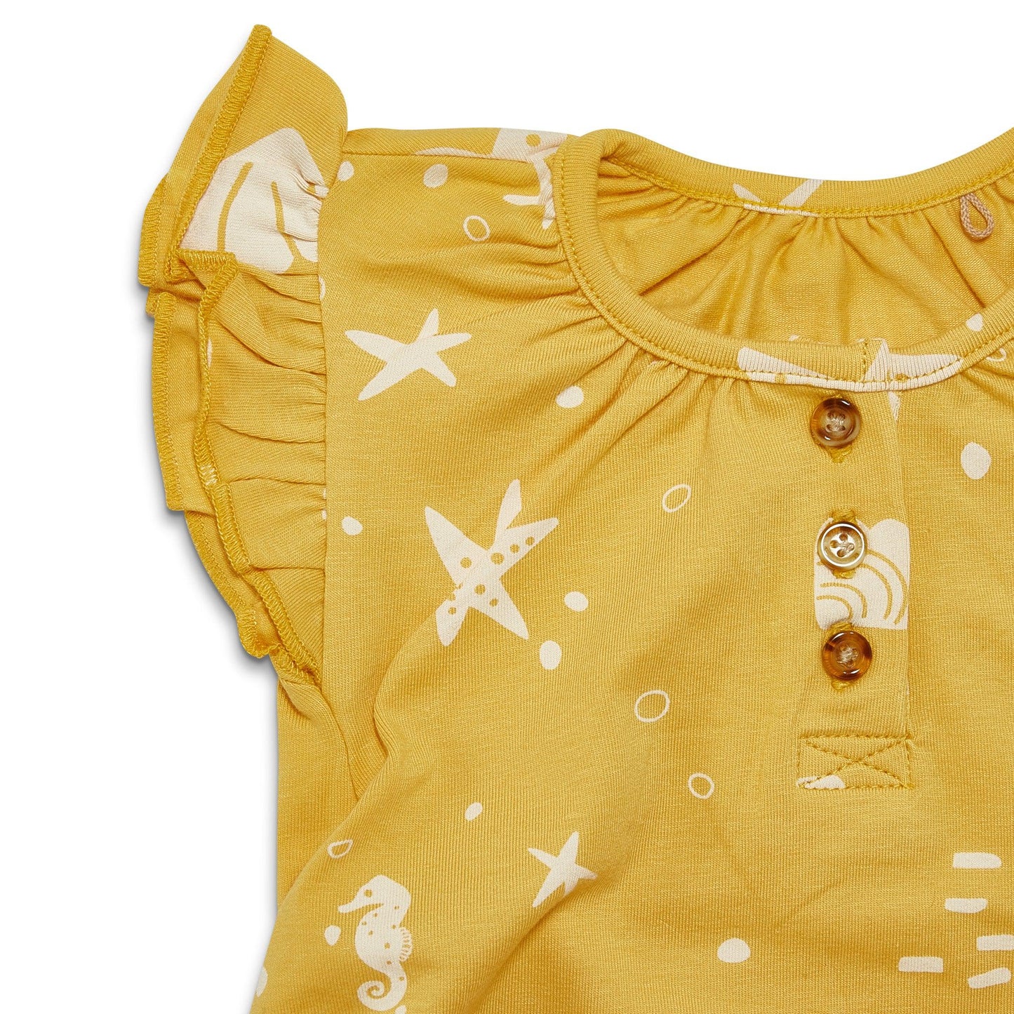 RETIRED - Organic Flutter Sleeve Button Bunsuit - Sunny Yellow Seashells